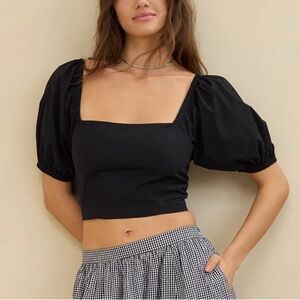 Aerie Black Puff Sleeve Square Neck Crop Top